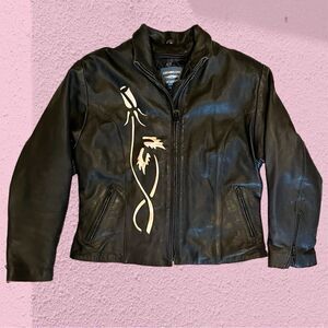 Vintage Screaming Eagle black leather motorcycle jacket floral detail